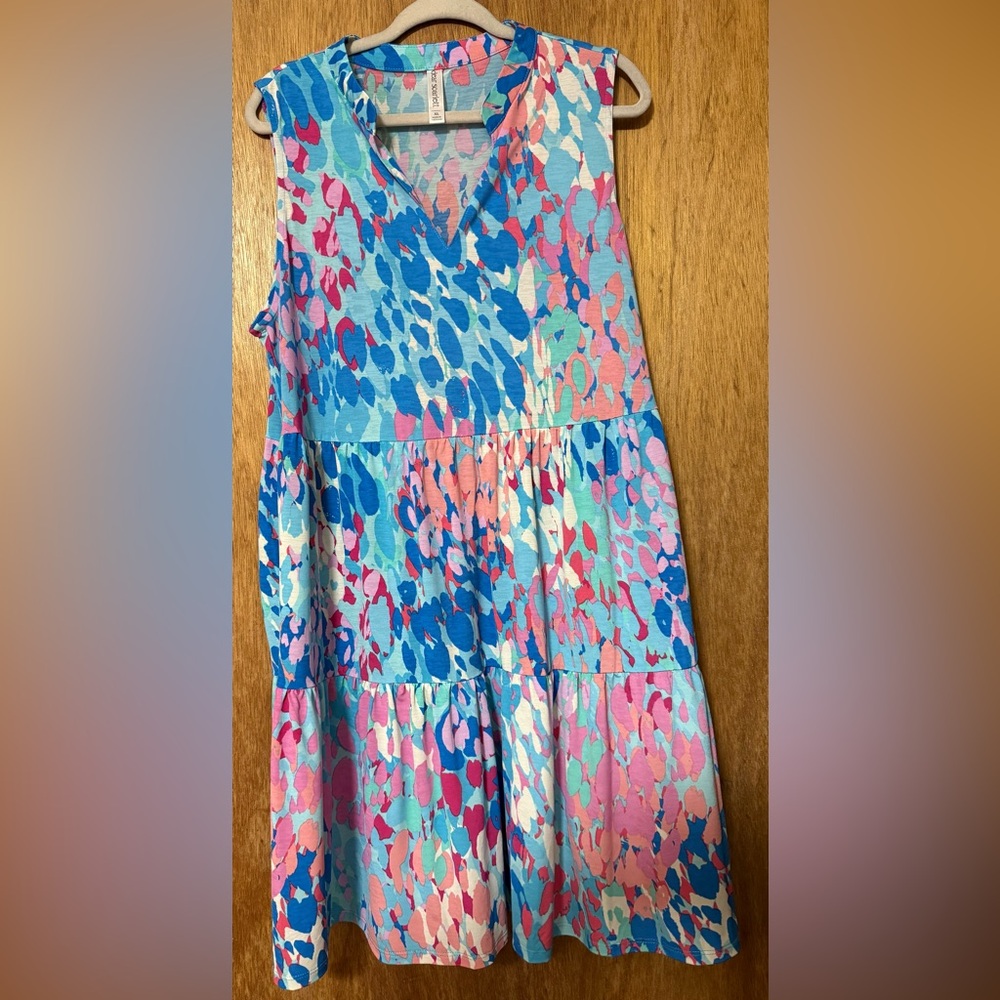 Blue and Pink Tiered A-Line Midi Dress